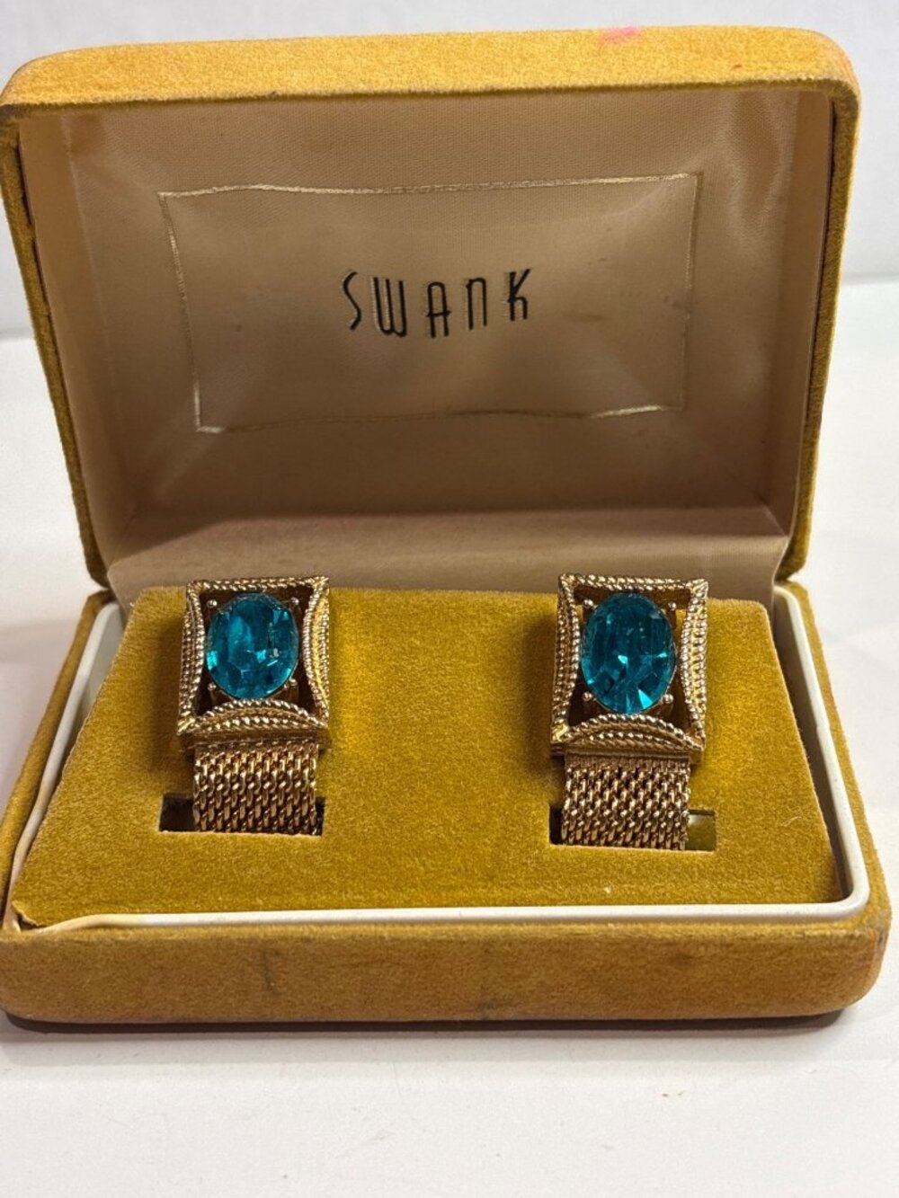Vintage Swank Gold Mesh Wrap Cufflinks December Birthstone Blue Zircon MCM Box